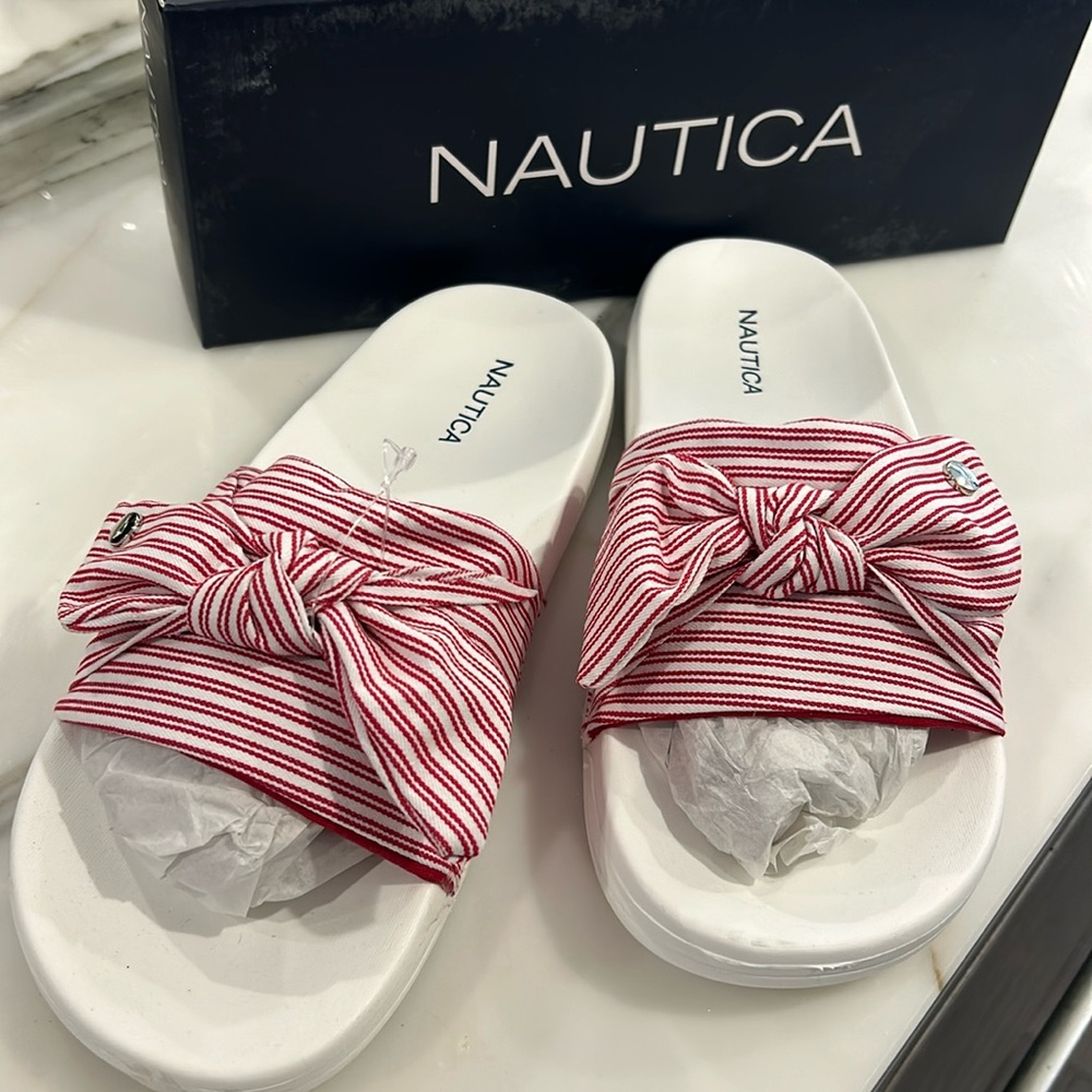 Super Comfy Nautical Rubber Soles with Red & White Bow in Box- sz 10